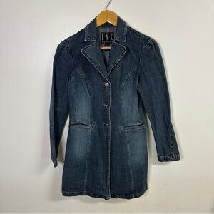 Vintage INC Petite Dark Blue Long Denim Blazer Jacket with Flared Sleeves